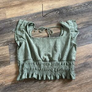 Green Eyelet Ruffle Crop Top
